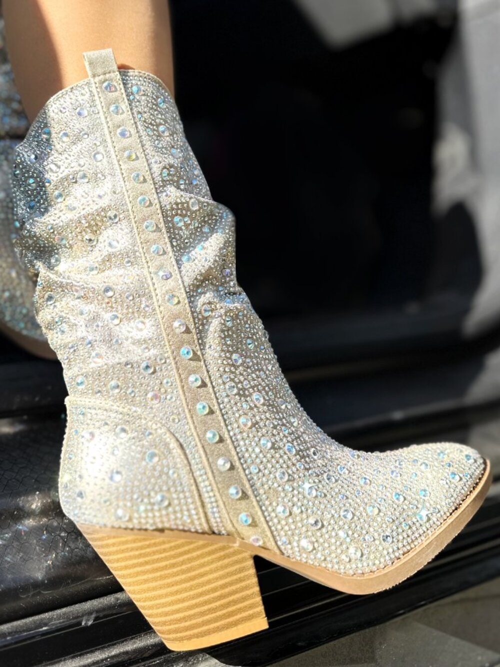 Crystal-Embellished Cream Heeled Ankle Boots